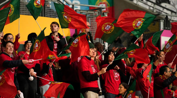 Portugal supporters cheer while Portugal plays the Netherlands at the Women's World Cup.